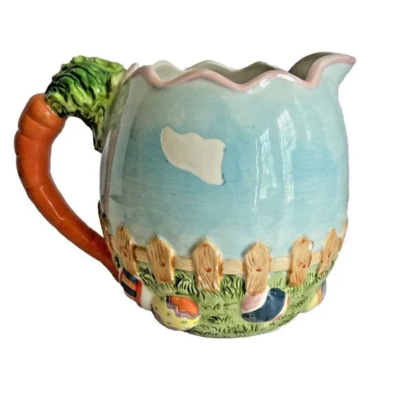 GKA Collector's Pitcher Rabbit Couple Easter Egg Hunt w Carrot Handle 6.5" - Picture 3 of 9